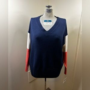 Falls Creek New Blue/White/Pink Long Sleeve V-Neck Sweater Women’s Large